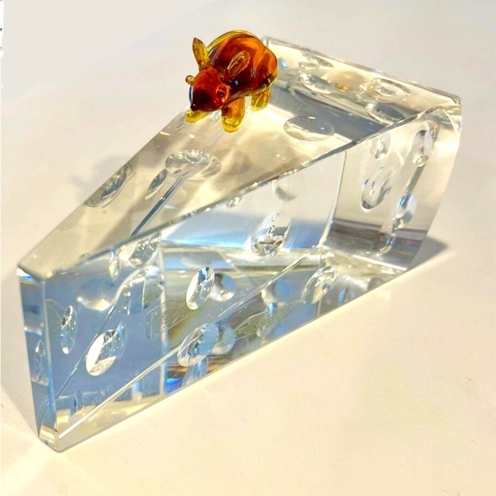 Vintage Shannon Crystal Glass Swiss Cheese Wedge/Paperweight W Amber Glass Mouse